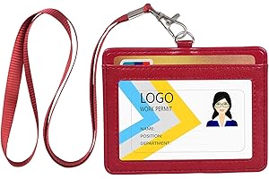 Teskyer Porte Badge Tour de Cou, Fabriqué en Cuir PU, Avec Fenêtre Transparente, 2 Emplacements pour Cartes, Rouge