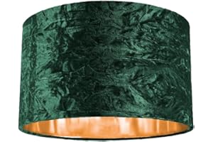 Modern and On-Trend Forest Green Crushed Velvet Fabric 14" Table or Pendant Circular Drum Lampshade with Shiny Copper Inner - 60watt Maximum | Perfect for Residential or Commercial by Happy Homewares