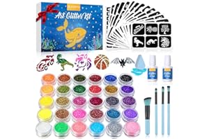 Kit de Tatuajes Purpurina Temporales, Bledras 30 Colores Tatuajes Temporales para Niños,147 Únicas Plantillas, 4 Pinceles, 2 Pegamentos,1 Esponja, Adecuado para Niños,Adultos y Mujeres Embarazadas
