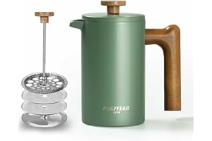 POLIVIAR 7379 POLIVIAR Cafetiere 4 Cup, French Press Coffee Maker with Wood Handle, Double Walled Insulated Cafetiere &1 Extra Filter, Insulated 600ml French Press for Coffee & Tea, Includes 1 Extra Filter