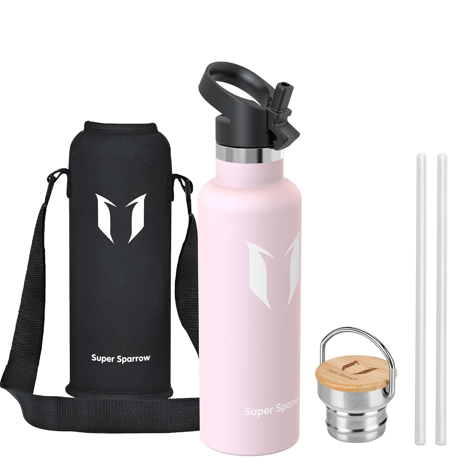 Sparrow Botella Agua Acero Inoxidable 500ml &750ml &1L- Botella con Pajita | Sin BPA & Fugas, Lavavajillas, Deporte, Gimnasio, Oficina, TwistTrail Botella Termica Tapa Pajita,Tapa Asa & Funda