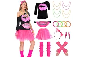 WELLCHY 80er 90er Jahre Outfit Damen Mottoparty Kleid mit Accessoires T-Shirt Beinwärmer Stirnband Halskette Netzhandschuhe 80er 90er Jahre Kostüm Mottoparty Karneval Fasching Damen