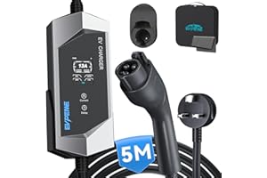 EVPEIWE Type 1 EV Charger with UK 3-Pin Plug, 5 Metre 13A Portable EV Charger Type 1 with Adjustable Current 6A/8A/10A/13A, 2.8kW J1772 Electric Car Charging Cable