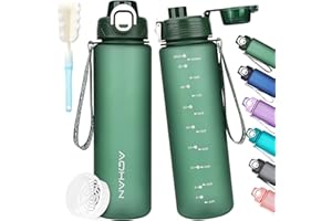 AOHAN Butelka na wodę 1 l, butelka na napoje z filtrem, sportowa butelka na wodę z motywacyjnym narzędziem do pomiaru czasu i szczotką do butelek, bez BPA, szczelne butelki na wodę do fitnessu, na