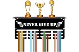 CREATCABIN Soporte Medallas,Estante Trofeos,Colgadores Medallas Soporte Estante,Deportes Pequeños,4 Fila,Montaje Pared,Soporte para Gimnasia,Fútbol,Correr,Natación,Premios 29x13x10cm,Nunca Te Rindas