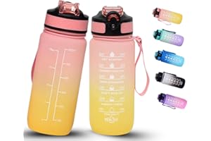 BierEx Trinkflasche Kinder 600ML, BPA-Frei Tritan Wasserflasche mit Strohhalm, Sport water bottle mit Zeitmarkierung für Fitness, Schule, Yoga, Outdoor (Rosa Gelb)