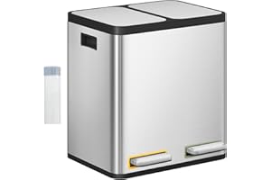 Hzuaneri Poubelle Cuisine, 30L (2 x 15 L), Poubelle Tri Selectif 2, Poubelles Tri avec Pédales à code couleur, Ilencieux et retombe lentement, avec 15 Sacs Poubelles, pour Cuisine, Argent SW21599E