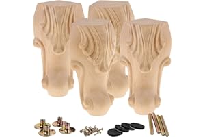 La Vane 4 inch / 10cm Wooden Furniture Legs, Set of 4 European Style Solid Wood Carving Unfinished Furniture Replacement Feet Decoration for Sofa Cabinet Wardrobe Table Loveseat