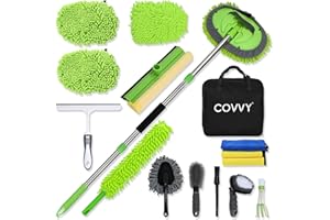 COVVY Kit de Limpieza de Coche de 14 Piezas, Cabezal de fregona de Lavado de Coche de 62 Pulgadas con Mango Largo, Guante de fregona de Lavado, raspador de Ventanas, paño de Limpieza Suave, Plumero,