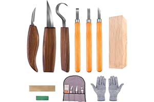 VIZGIFIN Wood Carving Tools,10 in 1 Whittling Kit,Wood Carving Kit Include 6 PCS Whittling Set,Gloves,Roll Bag,Sharpener and Extra Wood for Carving Tools Gift for Beginners Kids and Adults