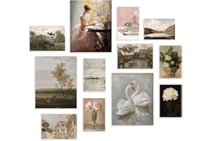 Dazzlewall Ensemble de 12 Illustrations de Style Campagnard Français Vintage, Imprimés de Cygnes et Fleurs, Décoration de Style Cottagecore pour Chambre ou Salon 20x25 cm Sans Cadre