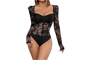 GORGLITTER Women's See Through Floral Lace Bodysuits Sweetheart Neck Long Sleeve Tee Tops Sexy Club Leotards