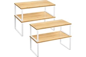 SONGMICS Étagère de Cuisine, Lot de 4, Organisateur, Porte-épices, Rangement de Placard, Empilable, Extensible, en Métal, Bois d’Ingénierie, Blanc Nuage et Beige Naturel KCS210W01