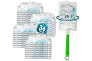 BRUVISH (36 Stück) Staubmagnet Nachfülltücher für Swiffer Staubwedel, 180 Grad Nachfüllset mit 1 zusätzlichem Griff, Einweg Staubbürstenköpfe für Swiffer Staubtücher