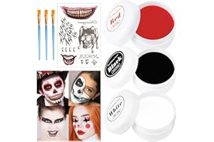 HENDPOCK Halloween Maquillaje,150g Halloween Payaso Maquillaje Negro Blanco Rojo Tatuajes 3 Pinceles de Maquillaje, olor del Cuerpo Pintura Facial Halloween Maquillaje Teatral Cosplay Vampiro Payaso Maquillaje