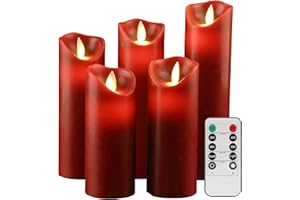 YIWER Bougies sans flamme 5.5"6"6.5"7"8"Ensemble de 5 piliers réels Les piliers non en plastique LED de et une télécommande à 10 touches avec 2/4/6/8 heures Fonction de minuterie 200 heures(5,rouge)