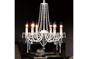 ‎LXWNYY Kristall Kronleuchter Weiß, 6 Flammig Vintage Deckenleuchte Kronleuchter Wohnzimmer, Landhaus Klassische Pendelleuchte Esstisch Hängelampe Modern Höhenverstellbar für Schlafzimmer Esszimmer Pavillon