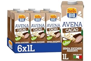 ISOLA BIO Bevanda Biologica a Base di Avena con Cacao, Ingredienti Naturali, Basso Contenuto di Grassi, Senza Zuccheri Aggiunti, per Intolleranti al Lattosio, Vegetariani e Vegani, 6 Confezioni da 1 L