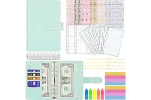 MARICATO Enveloppe Budget A6, 6 Anneaux Classeur Budget Francais avec Dégager Poches Zippées, Feuilles de Budget, Étiquettes, Catégorie Autocollants, Stockage Cartes, Règle-Turquoise