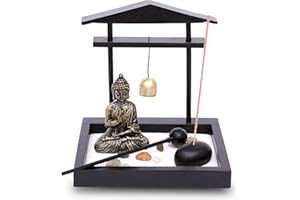 Zen Garten mit Buddha Figur - Japanischer Miniatur Garten - Feng Shui Räucherstäbchenhalter - Esotherik Set mit 3 Räucherstäbchen - Glücksbringer aus dem Buddhismus und Daoismus (mit Gong)
