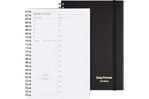 Daily Planner Undated, Asten to Do List Notebook Hourly Schedules Spiral Appointment Planner for Men and Women,PVC Hardcover,Elastic Closure, Inner Pocket 14.7 x 21.2cm (Black)