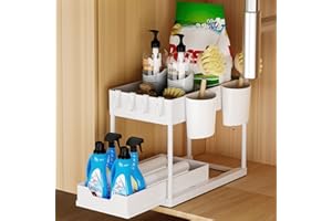 Owelth Organizador Bajo Fregadero 2 Niveles, Deslizante, Debajo, Under Sink Organizer con 4 Ganchos y 2 Cesta Colgante, Estanteria Cajon Extraíble para Cocina Baño,Blanco