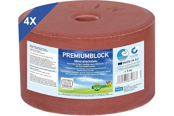 imima Pierre à lécher minérale Cheval PREMIUMBLOCK Kit de Pierres à lécher salées 4 x 3kg - Pierre à lécher salée pour Chevaux Moutons chèvres gibier et Boeuf - Pierre à lécher salée minérale