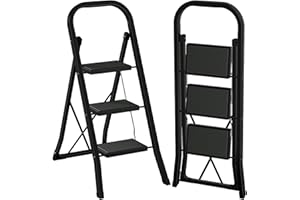 ‎AMHANCIBLE AMHANCIBLE Trittleiter, Leiter mit 3 Stufen, bis 150 kg belastbar, Klapptritt mit breitem Anti-Rutsch-Pedal und Klappsicherung, Einfach zu Verstauen, Perfekt für Küche & Haushalt, Schwarz EBSL03BK