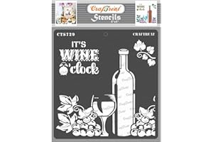 CrafTreat Stencil riutilizzabile per bicchiere di vino per dipingere - Wine O Clock - Dimensioni 6x6 pollici - Stencil da bar - Stencil di vite per dipingere mobili - Stencil per birra