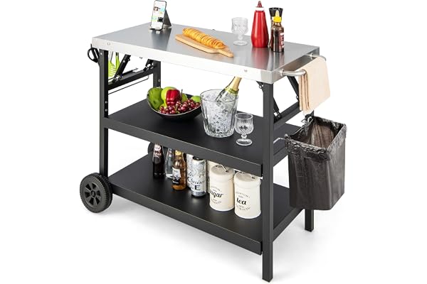 GOPLUS Desserte Jardin,Chariot de Barbecue Mobile à 3 Niveaux, Étagère réglable, Support Porte-épices, Porte-Serviettes, Crochets de desserte pour Barbecue