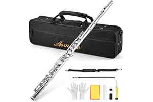 Asmuse Flûte Traversière Ensemble Argent-Nickel Plaqué(e)16 Trous C Key Flûte Instrument de Musique avec Etui de Transport, Chiffon et Gants Propres pour Débutants