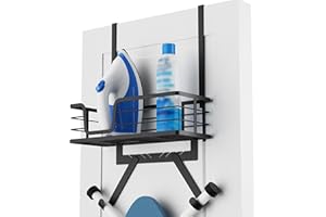 KES Over Door Ironing Board Hanger with Metal Basket and Adjustable Hooks, Ironing Board Holder Fits 44MM Thickness Door Y-Leg & T-Leg Matte Black,HIR501B-BK