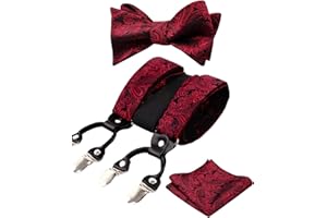 Alizeal Mens Self-Tied Adjustable Floral Paisley Bow Tie, Pocket Square and Elastic Y Shape 6 Clips Braces Set