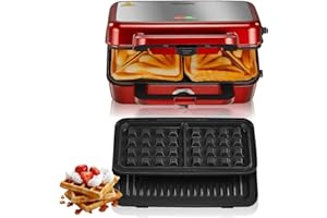 FOHERE Croque Monsieur 1200W, Gaufrier Multifonctions 3 en, Contrôle de la Température à 5 Vitesses, Chauffe Rapide, Plaque Détachable, Nettoyage Facile, Rouge