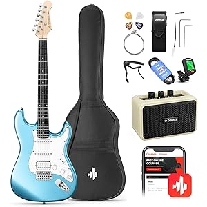 Donner DST-100T 39 Inch Electric Guitar Beginner Kit Solid Body Full Size Lake Blue HSS Pick Up for Starter, with Amplifier, Bag, Digital Tuner, Capo, Strap, String,Cable, Picks