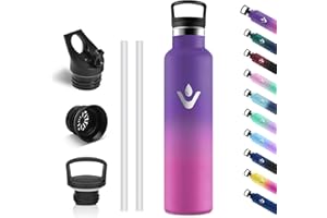 Vikastar Gourde Isotherme, 1000ml Anti-Fuite, Bouteille Isotherme, sans BPA, Gourde Inox, Réutilisable, Gourde Isotherme 1L pour Fitness, École, Sport, Cyclisme, Violet & Rose