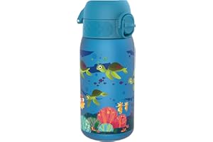 Ion8 Small Water Bottle, Leak Proof, Easy to Open, Secure Lock, Dishwasher Safe, Flip Cover, Carry Handle, Easy Clean, Durable, Water Bottle, Raised Print, Blue, Sea Turtle