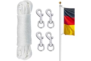 NQ 15M Fahnenmast Seil Wetterfest mit 4 Karabinerhaken, Nylon Flaggenseil für Haus Außenbereich, Fahnenmast Zubehör Seil mit 4 Haken Flag Rope (Weiß)