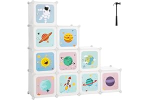 SONGMICS Scaffale Portaoggetti per Bambini con 10 Cubi, Portagiochi ad Incastro, Mobile Cameretta in Plastica, Organizzatore Modulare per Abiti Scarpe Zainetti, 123 x 31 x 123 cm, Bianco LPC903W01