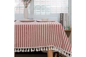 Meioro Manteles Rectangular Mantel Antimanchas Mantel para Mesa de Lino Striped Tassel Tablecloth La decoración del hogar es Adecuada para Interiores y Exteriores (Rayas Rojas/Blancas, 100×140cm)