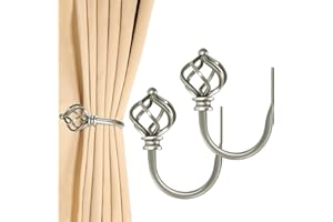 KAMANINA 2 Pack Antique Silver Curtain Holdbacks, U Form Wall Mounted Curtain Tiebacks, Decorative Curtain Drapery Holdback with Twisted Cage Finials for Fixed Curtain or Hanging Items