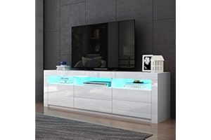 BESTWANTED LED TV Stand Cabinet, White Gloss TV Unit with LED Lights, Modern High Gloss TV Stand Unit with 2 Doors 2 Drawers and Open Shelves, TV Entertainment Unit for Living Room Home Furniture 160CM
