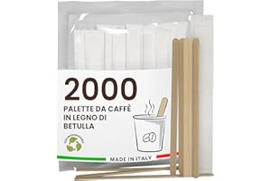 BACIATO CAFFÈ 2000 Palette Caffè Monouso in Legno di Betulla, Imbustate Singolarmente, Biodegradabili e Compostabili, Resistenti al Calore per Mescolare Caffè e Bevande - Made in Italy