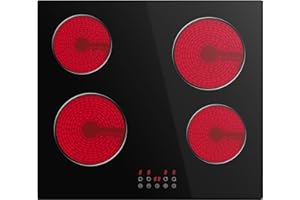 Built-in Ceramic Hob 4 Burners, STARCHARTS Electric Hob, 4 Burners Cooktops with Total Power 6000W, Timer, Child Lock, Black Glass