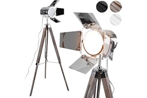 Jago® Lampadaire Trépied - Type Projecteur de Cinéma, Réglable, LED, Rétro, Couleurs au Choix - Lampe sur Pied pour Salon (Bois Antique)