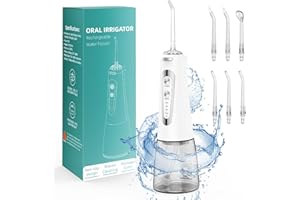 BILITASE Jet Dentaire Hydropulseur Portable, Jet Dentaire Sans Fil Rechargeable avec 5 Mode set 6 Buses Capacité de 300 ML IPX7 Étanche Pour La Maison et Les Voyages (Blanc)