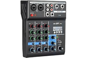 Aveek Audio Mixer 4-Kanal-Soundboard-Mischpult mit digitalem USB-Bluetooth MP3 Computereingang 48V Phantomspeisung Stereo DJ Mixer für Aufnahmestudio Streaming KTV