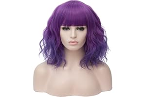 CLOCOLOR Halloween Cosplay Peluca de Pelo Corto Rizado para Mujer Disfraz Peluca con Flequillo Bob Peluca Cabello Natural de 2 Tonos Colores Morado a Rosa