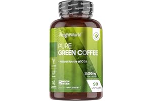 WEIGHTWORLD Pure Green Coffee Capsules | 21,000mg per Serving | 90 Unroasted Green Coffee Capsules | Vegan | Natural Source of Chlorogenic Acid | Made in Britain