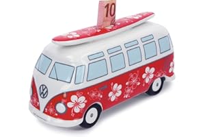 BRISA VW Collection - Volkswagen Spar-Büchse-Schwein-Dose mit Surfbrett im T1 Bulli Bus Samba Design (Flower Power/Rot)